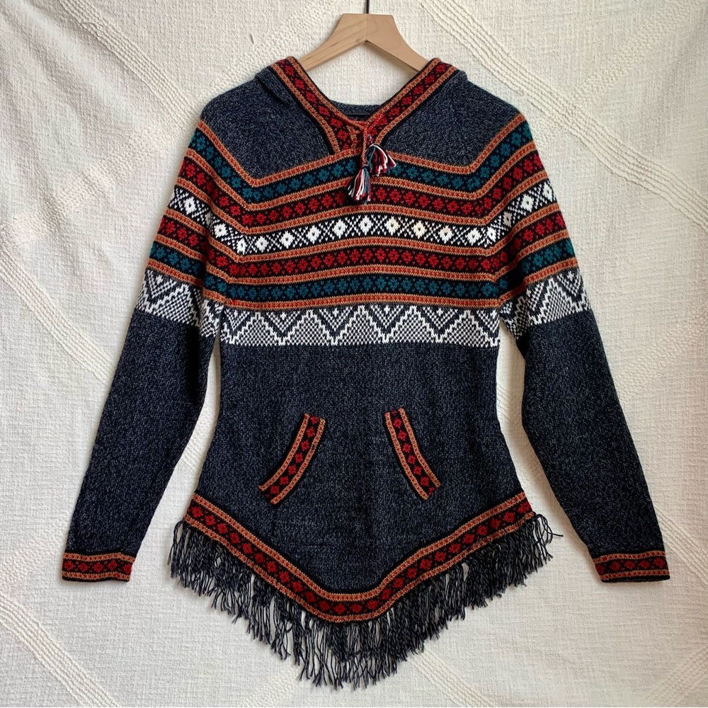 Women's Artesania Edm Alpaca Wool Knit Hooded Sweater Large Tassels Peru Pocket